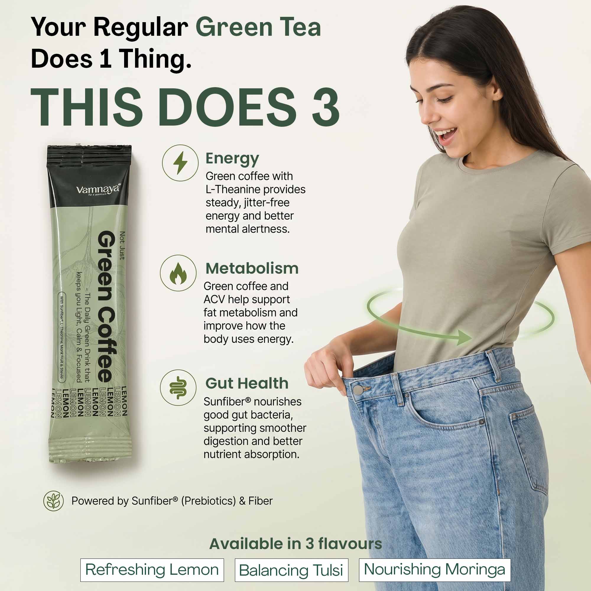 Green Coffee Blend | With Prebiotic Sunfiber®, L-Theanine, Apple Cider Vinegar | Lemon, Tulsi & Moringa