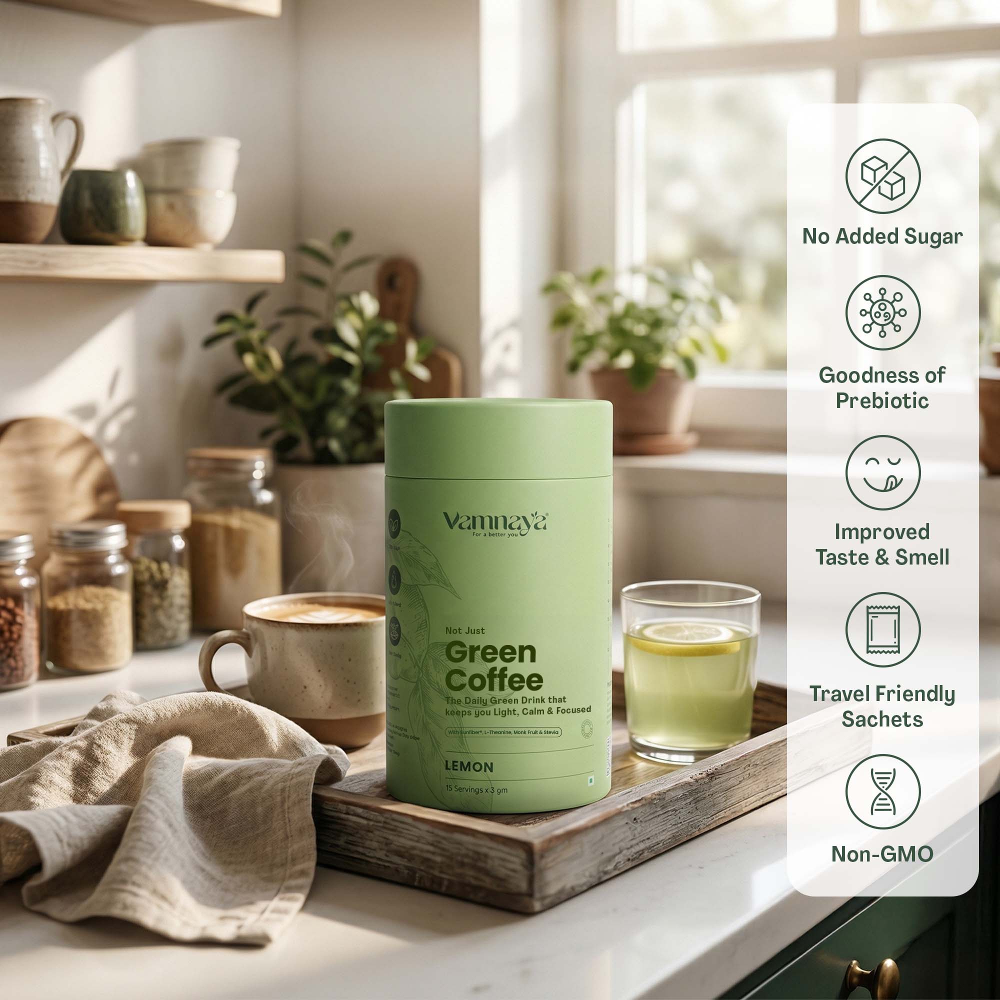 Green Coffee Blend | With Prebiotic Sunfiber®, L-Theanine, Apple Cider Vinegar | Lemon, Tulsi & Moringa